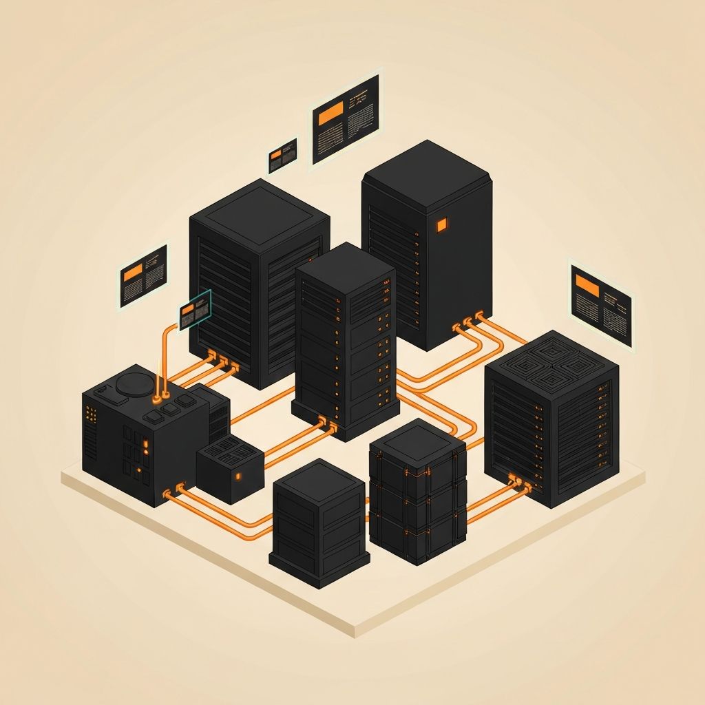 Isometric illustration of connected server systems with orange data cables